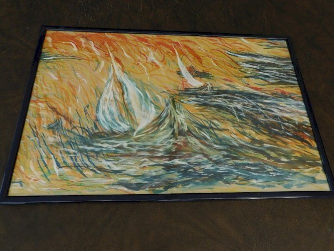 TABLEAU PEINTURE MARINE HUILE SUR TISSU BATEAU
