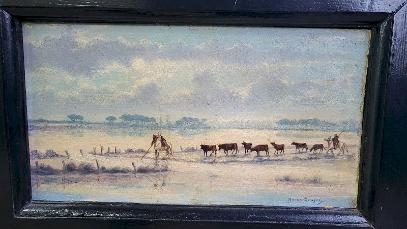 TABLEAU PEINTURE PAYSAGE DE CAMARGUE AVEC GARDIANS ET TOROS SIGNE RAOUL DUSSOL