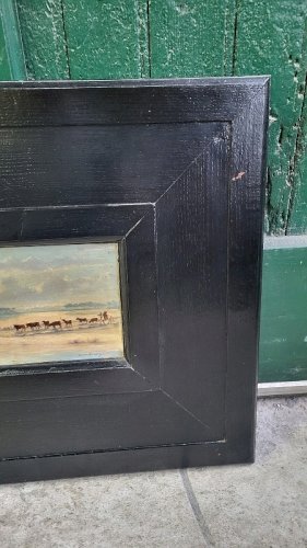 TABLEAU PEINTURE PAYSAGE DE CAMARGUE AVEC GARDIANS ET TOROS SIGNE RAOUL DUSSOL