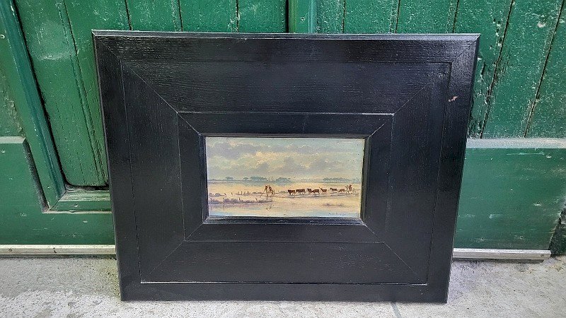 TABLEAU PEINTURE PAYSAGE DE CAMARGUE AVEC GARDIANS ET TOROS SIGNE RAOUL DUSSOL