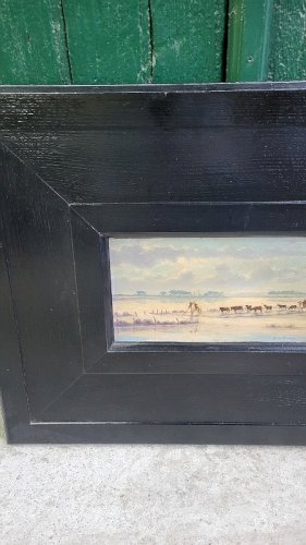 TABLEAU PEINTURE PAYSAGE DE CAMARGUE AVEC GARDIANS ET TOROS SIGNE RAOUL DUSSOL