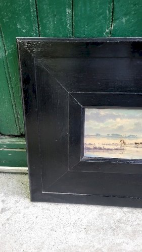 TABLEAU PEINTURE PAYSAGE DE CAMARGUE AVEC GARDIANS ET TOROS SIGNE RAOUL DUSSOL