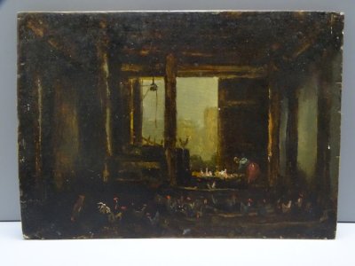 -TABLEAU  PEINTURE SUR PANNEAU DE BOIS INTERIEUR DE POULAILLER POULES ET COQS