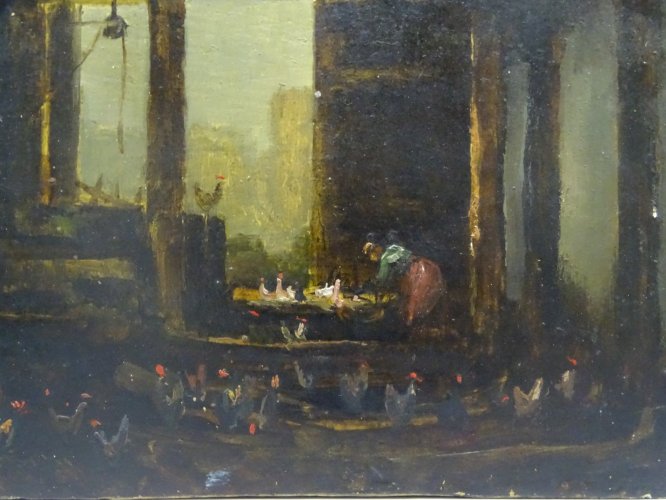 -TABLEAU  PEINTURE SUR PANNEAU DE BOIS INTERIEUR DE POULAILLER POULES ET COQS