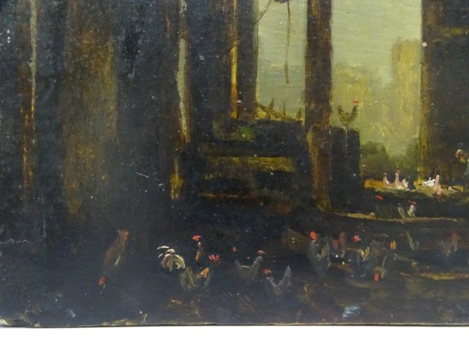 -TABLEAU  PEINTURE SUR PANNEAU DE BOIS INTERIEUR DE POULAILLER POULES ET COQS