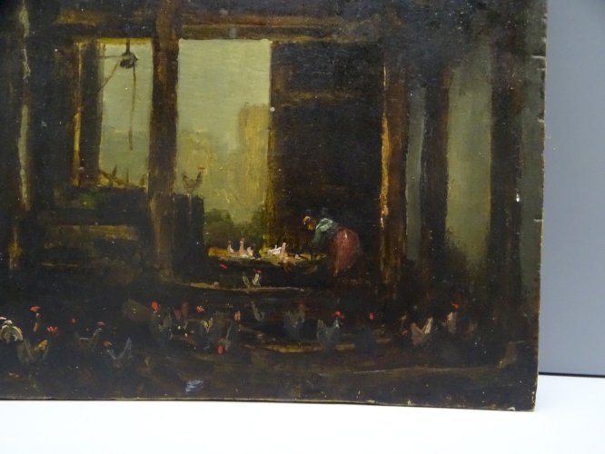-TABLEAU  PEINTURE SUR PANNEAU DE BOIS INTERIEUR DE POULAILLER POULES ET COQS