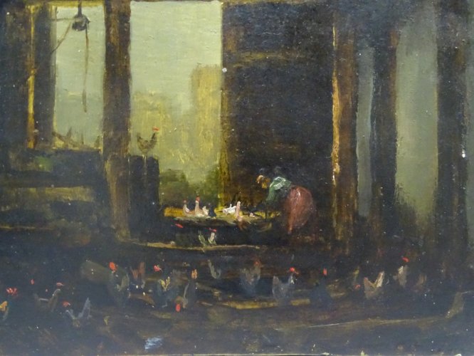 -TABLEAU  PEINTURE SUR PANNEAU DE BOIS INTERIEUR DE POULAILLER POULES ET COQS