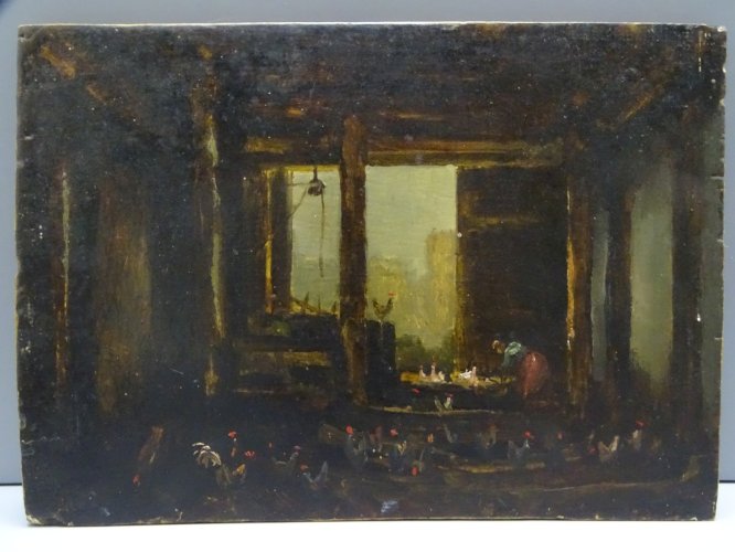 -TABLEAU  PEINTURE SUR PANNEAU DE BOIS INTERIEUR DE POULAILLER POULES ET COQS