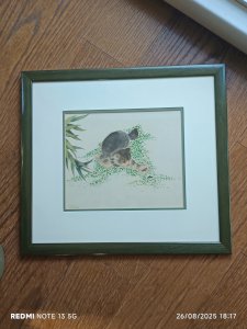 tableau peinture sur soie chinois le chat dans les bambous