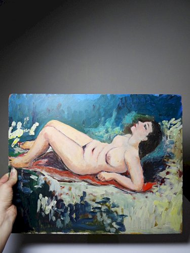 Tableau petit nu de femme allongée, moderne huile sur panneau vintage