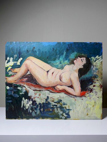 Tableau petit nu de femme allongée, moderne huile sur panneau vintage