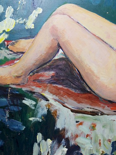 Tableau petit nu de femme allongée, moderne huile sur panneau vintage
