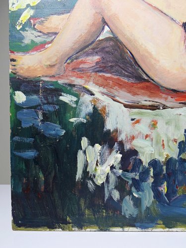 Tableau petit nu de femme allongée, moderne huile sur panneau vintage