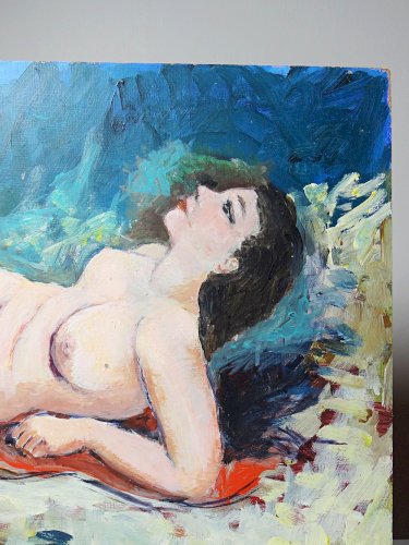 Tableau petit nu de femme allongée, moderne huile sur panneau vintage