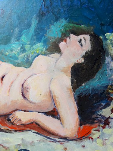 Tableau petit nu de femme allongée, moderne huile sur panneau vintage