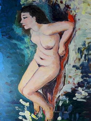 Tableau petit nu de femme allongée, moderne huile sur panneau vintage
