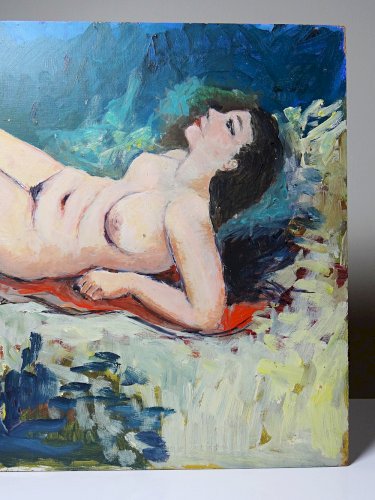 Tableau petit nu de femme allongée, moderne huile sur panneau vintage