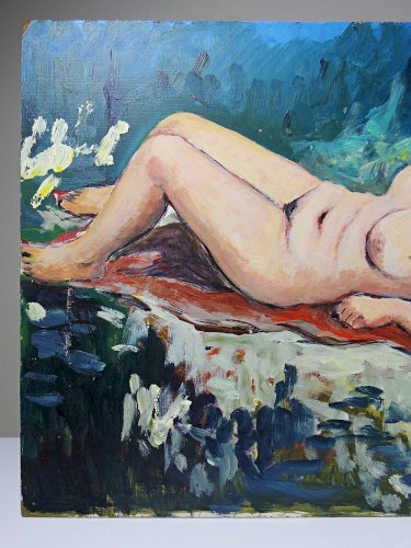 Tableau petit nu de femme allongée, moderne huile sur panneau vintage