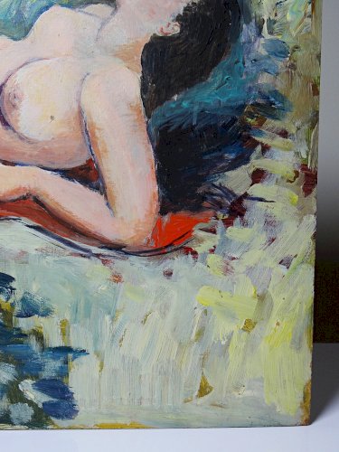 Tableau petit nu de femme allongée, moderne huile sur panneau vintage