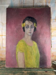 Portrait of a Woman Painting Shabby Bohemian Signed By M LA CORNE Chaby Decor 1962