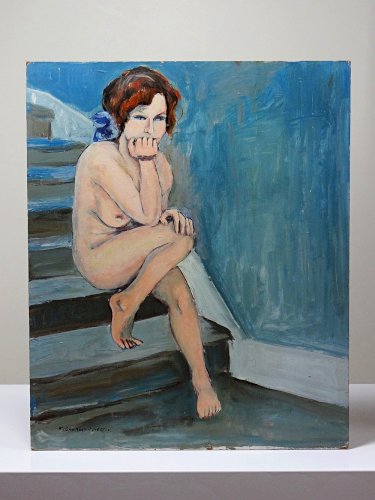 Tableau portrait nu assise dans l'escalier, moderne huile sur panneau vintage