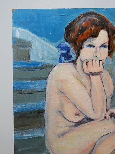 Tableau portrait nu assise dans l'escalier, moderne huile sur panneau vintage