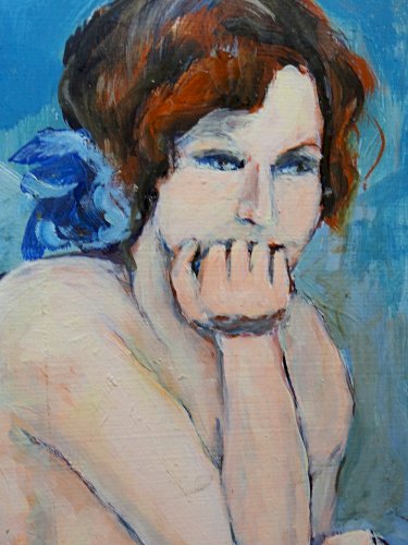 Tableau portrait nu assise dans l'escalier, moderne huile sur panneau vintage