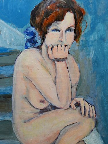 Tableau portrait nu assise dans l'escalier, moderne huile sur panneau vintage