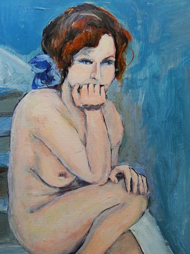 Tableau portrait nu assise dans l'escalier, moderne huile sur panneau vintage