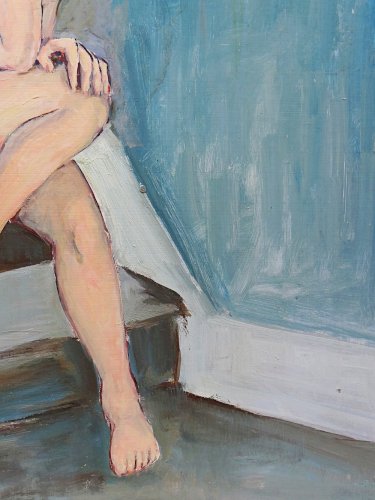 Tableau portrait nu assise dans l'escalier, moderne huile sur panneau vintage