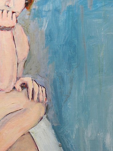 Tableau portrait nu assise dans l'escalier, moderne huile sur panneau vintage