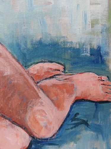 Tableau portrait nu assise, moderne huile sur carton entoilé vintage