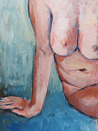 Tableau portrait nu assise, moderne huile sur carton entoilé vintage