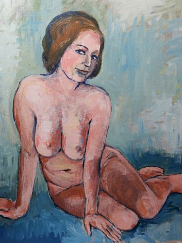 Tableau portrait nu assise, moderne huile sur carton entoilé vintage