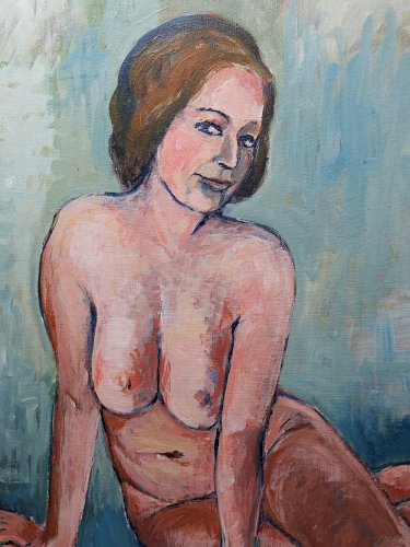 Tableau portrait nu assise, moderne huile sur carton entoilé vintage