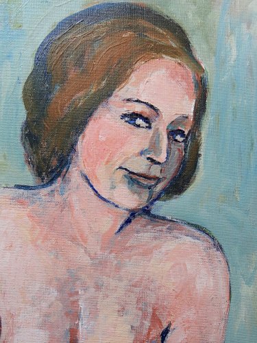 Tableau portrait nu assise, moderne huile sur carton entoilé vintage