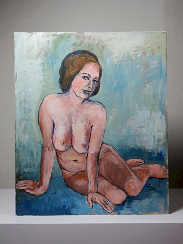 Tableau portrait nu assise, moderne huile sur carton entoilé vintage