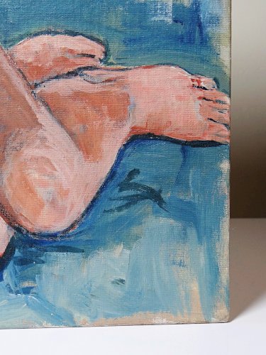 Tableau portrait nu assise, moderne huile sur carton entoilé vintage