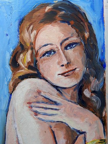 Tableau portrait nu de femme contre un mur, moderne huile sur panneau vintage