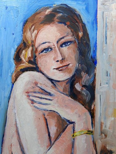 Tableau portrait nu de femme contre un mur, moderne huile sur panneau vintage