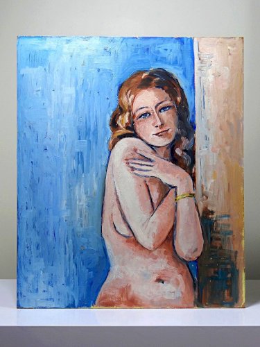 Tableau portrait nu de femme contre un mur, moderne huile sur panneau vintage