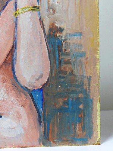 Tableau portrait nu de femme contre un mur, moderne huile sur panneau vintage