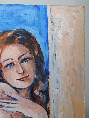 Tableau portrait nu de femme contre un mur, moderne huile sur panneau vintage