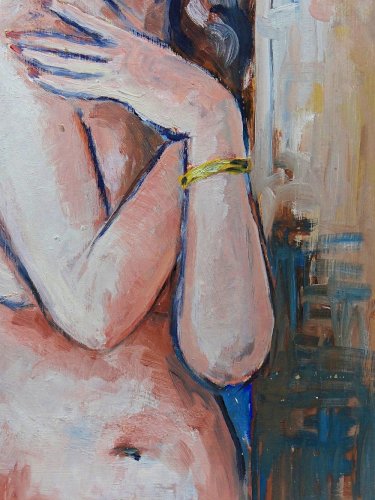 Tableau portrait nu de femme contre un mur, moderne huile sur panneau vintage