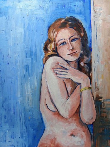 Tableau portrait nu de femme contre un mur, moderne huile sur panneau vintage