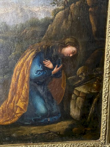 Tableau Sainte Marie-Madeleine en prière dans la grotte autel au crâne fin XVIII