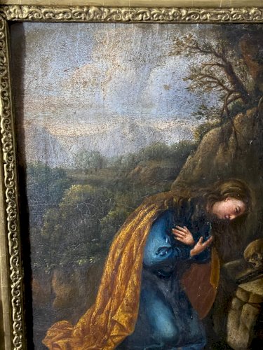 Tableau Sainte Marie-Madeleine en prière dans la grotte autel au crâne fin XVIII