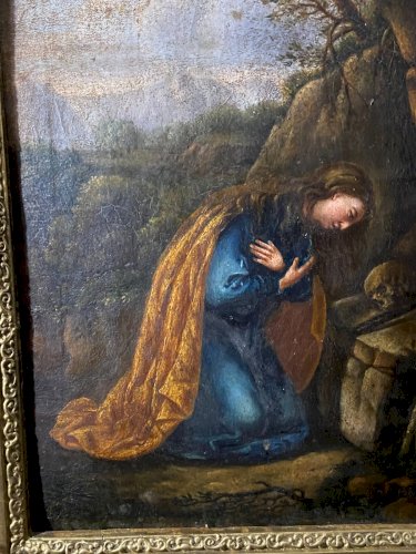 Tableau Sainte Marie-Madeleine en prière dans la grotte autel au crâne fin XVIII