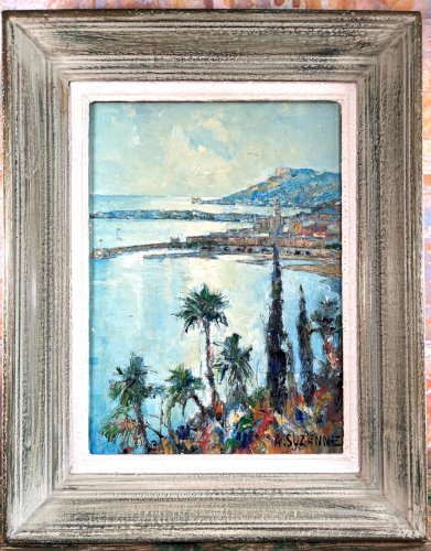 Tableau signé André Suzanne – Vue de Menton depuis la frontière italienne