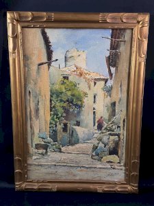 Signed watercolor painting early 20th century lively alley landscape village in Provence